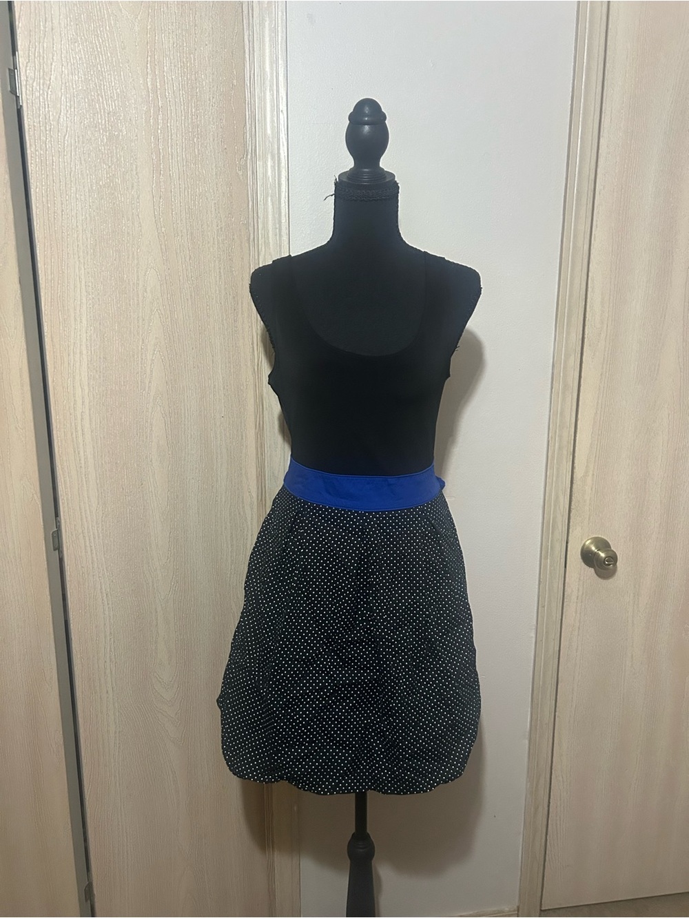 Ruby Rox Black Polka Dot Mini Dress with Royal Blue Waistband